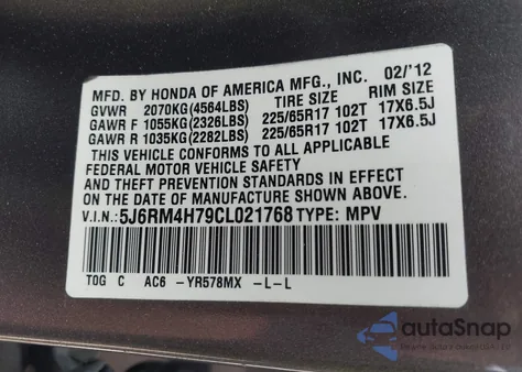 2012 Honda Cr-V Ex-L from USA, damaged, VIN 5J6RM4H79CL021768